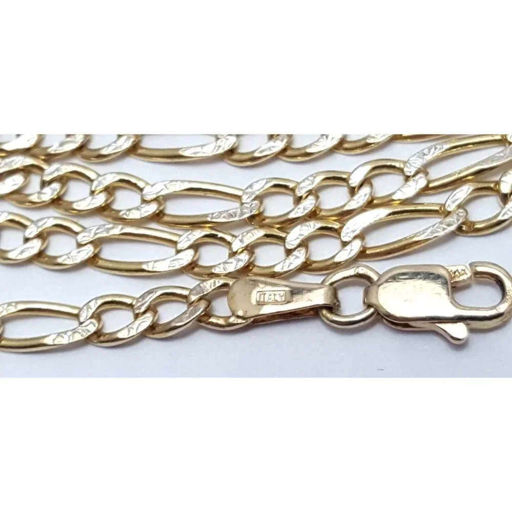 14K Two Tone Multi Color Gold Diamond Cut Figaro Link Chain Necklace 25.25